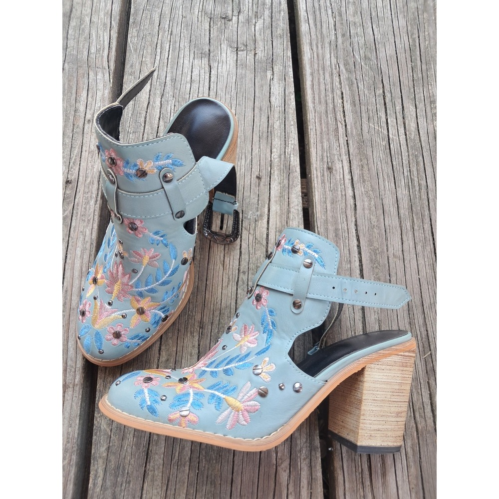 Western Bootie Shoe Sling Back with Buckle - Embroidered Flowers 3.5" Wide Heel